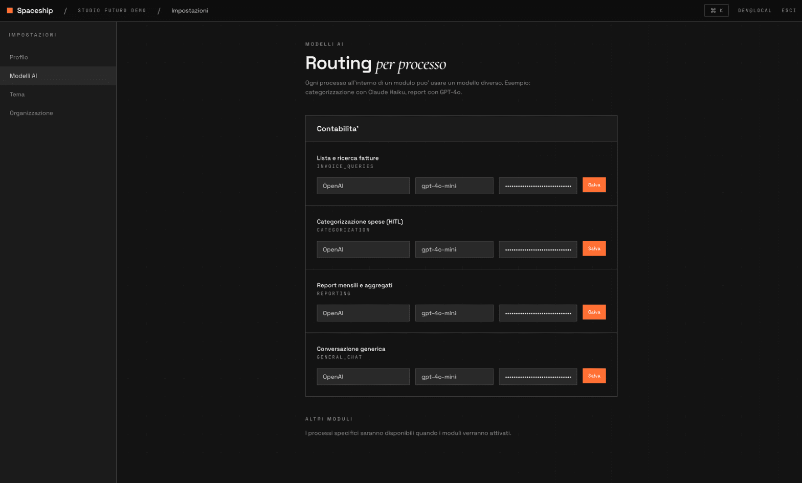 Spaceship — configurazione modelli AI per modulo